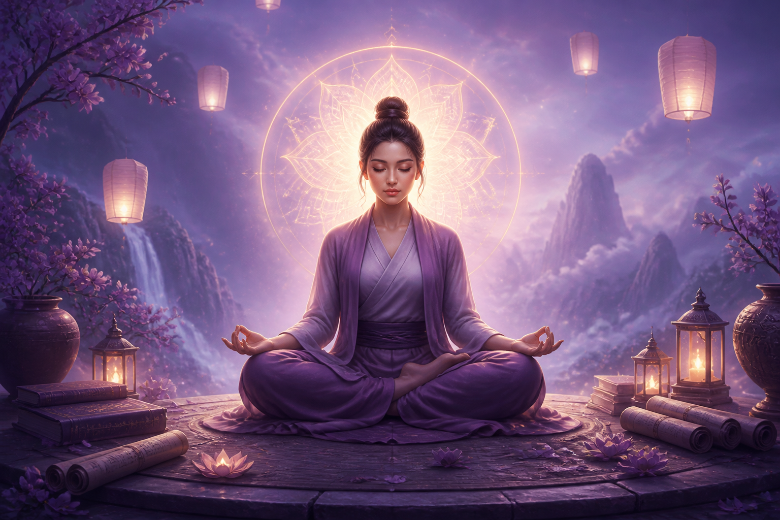 Person meditating surrounded by lanterns and books